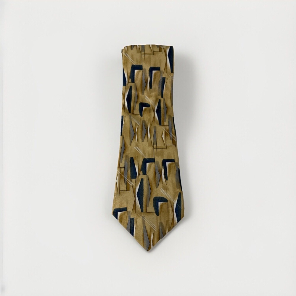 Puritan Men Neck Tie‎ 100% Polyester Tan Blue Geometric